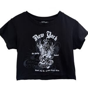 Ed Hardy New York Graphic Cropped T Shirt Womens Large Black Tattoo Style